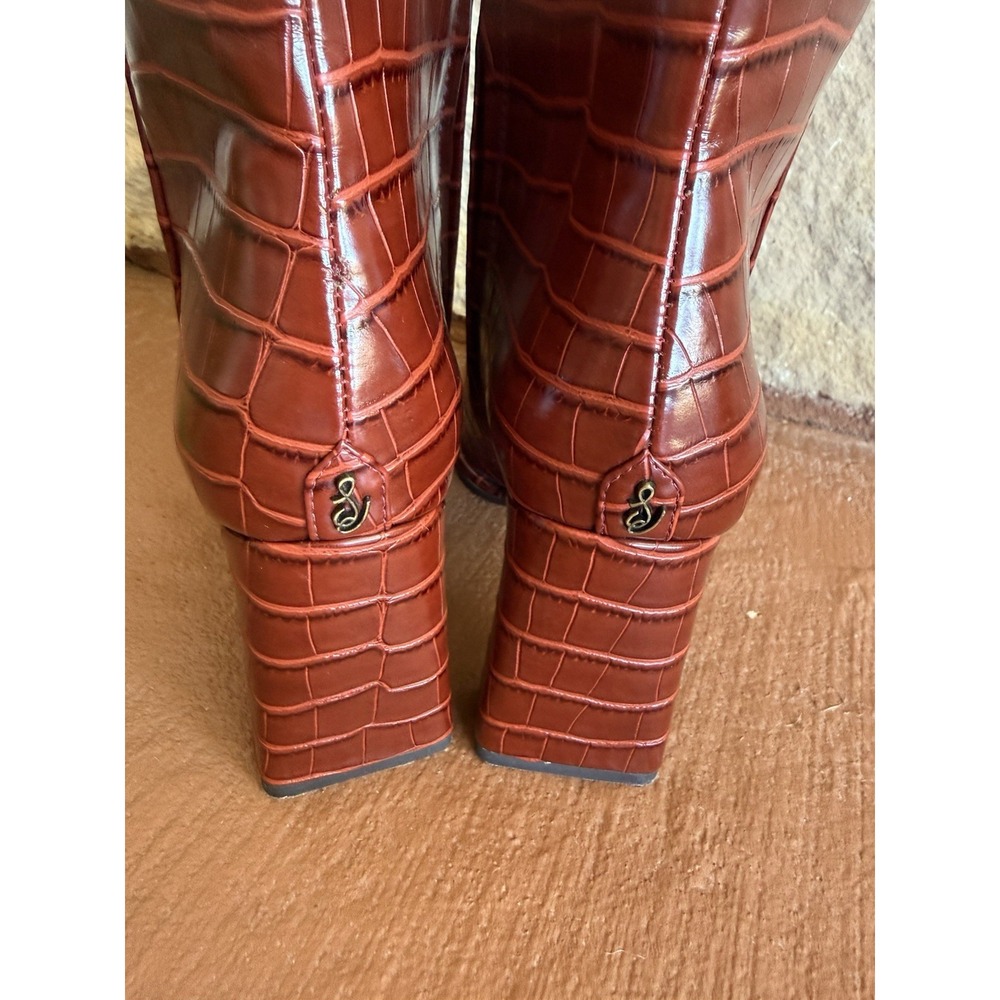 Sam Edelman RARE Raekel Croc-embossed Spiced Red Leather Block Heel Tall Boot 8M - Picture 7 of 11